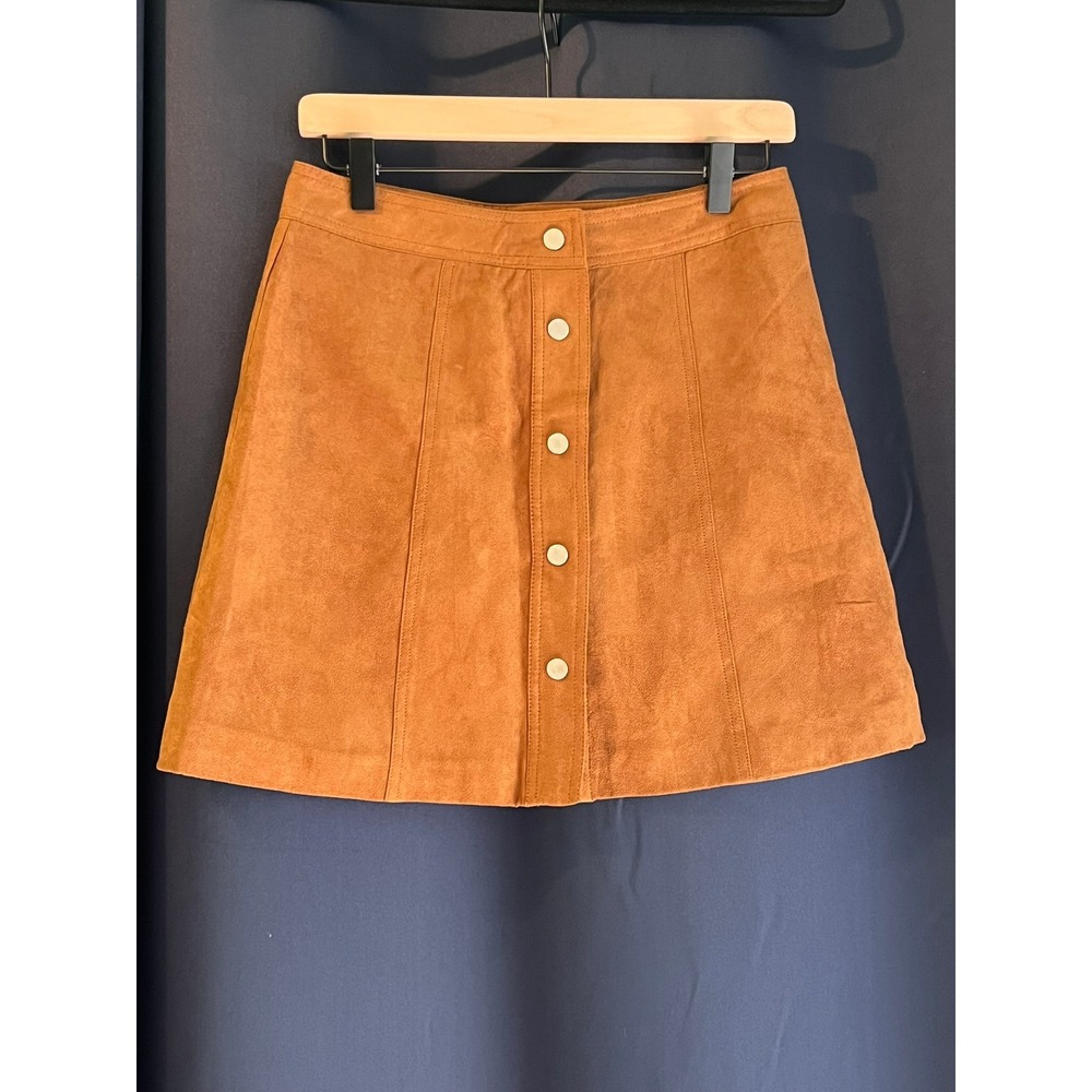 Retro Brown Faux Suede Snap Button Front A-Line Mini Skirt H&M Divided Size 6